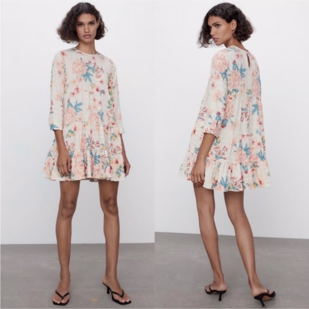 ZARA Sharon Floral Babydoll Dress M Ruffle Hem Loose Fit Mini Short Tiered
